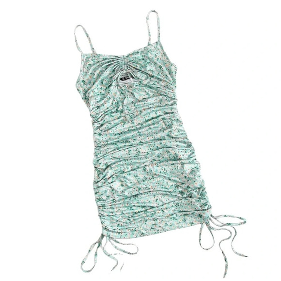 SHEIN Ditsy Floral Ruched Dress Light Teal Cutout Drawstrings Tied Spaghetti S - Picture 2 of 15